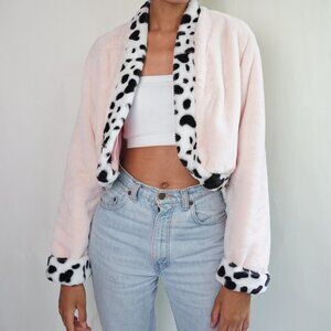 Cropped Fluffy Pink & Cow Print Jacket